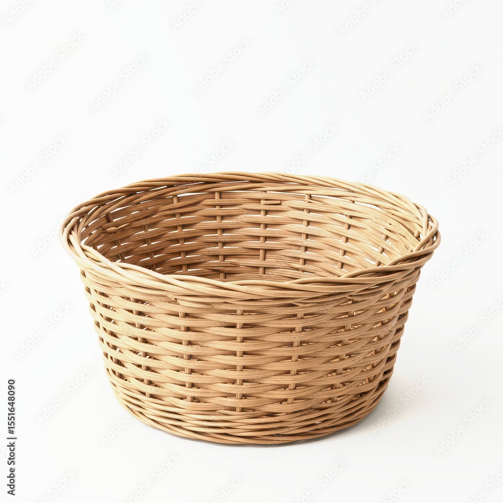 Round woven wicker basket isolated on white background, rustic home decor accessory for storage, picnic, gift hamper or organization design Round woven wicker basket isolated on white background, rustic home decor accessory for storage, picnic, gift hamper or organization design