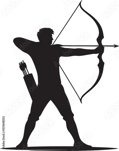Archer aiming for the target with a bow and arrow in a silhouette style