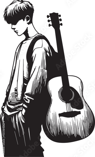 Young person with guitar on their back looking down thoughtfully