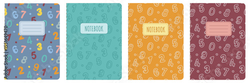 Set of cover templates with hand-drawn numbers in doodle style. Universal layouts with sketch background. Vector illustration for school notebook, scrapbook, notepad, educational materials or diary.