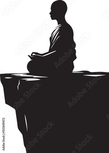Monk Meditating on Cliff Edge Under Large Sun