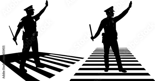 Silhouettes of a Traffic Police Officer Directing Traffic on a Crosswalk, Depicting Law Enforcement and Order