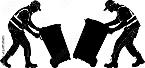 Silhouettes of a Male Sanitation Worker Pushing a Garbage Bin, Ideal for Waste Management and Recycling Concepts