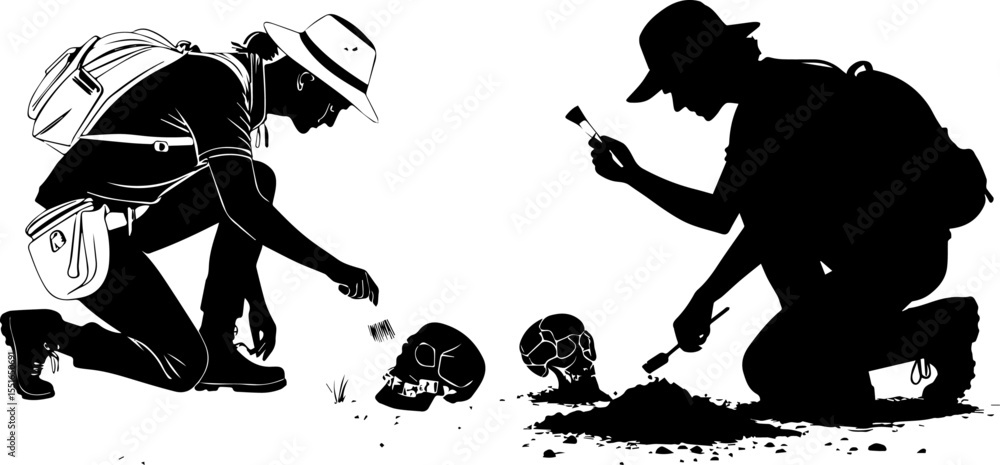 Obraz premium Archaeologists Excavating a Human Skull at an Archaeological Site