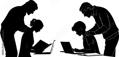 Teacher or Parent Helping a Student with Homework Silhouettes