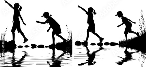 Children Stepping on Stones Across a Pond or River Silhouettes