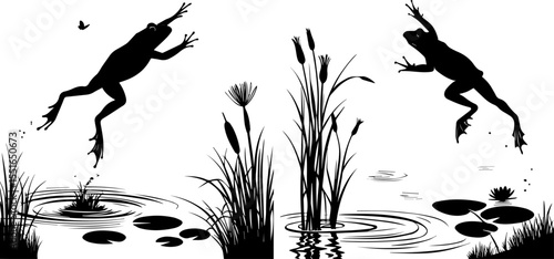 Frog Jumping into a Pond with Water Lily Pads and Reeds Silhouettes