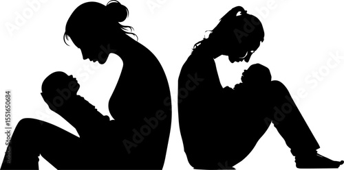 Mother Holding Her Newborn Baby and a Woman with Postpartum Depression Silhouettes