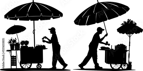 Street Vendor with a Cart and Umbrella Silhouettes