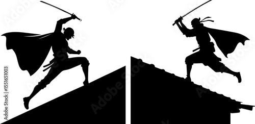 Dynamic Samurai Warrior in Action Stance with Katana Silhouette