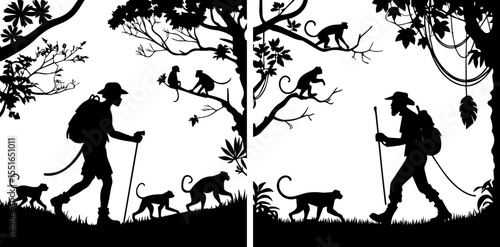 Jungle Trekking with Monkeys - Adventure and Exploration Silhouette