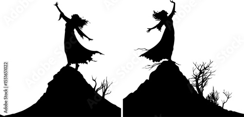 Woman with Arms Raised on a Hilltop - Freedom and Victory Silhouette