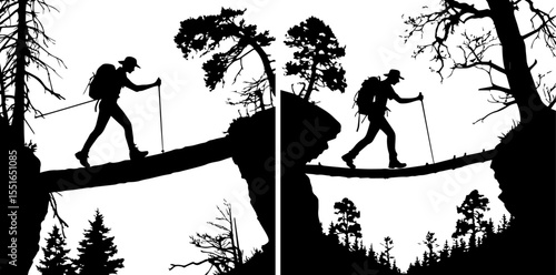 Hiker Crossing a Log Bridge - Outdoor Adventure and Challenging Journey