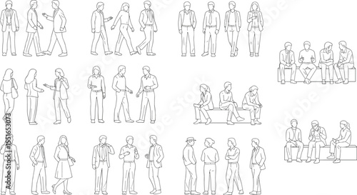 Vector outline people, group interaction poses, sitting and standing characters, business communication sketch, walking conversation scene, hand-drawn figures, modern 

 flat vector illustration