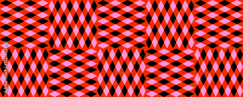 Seamless patchwork pattern with red, pink, black diamond rhombus blocks. Fun vector texture for costumes, parties, bold retro decor. Drag to swatches panel to use.