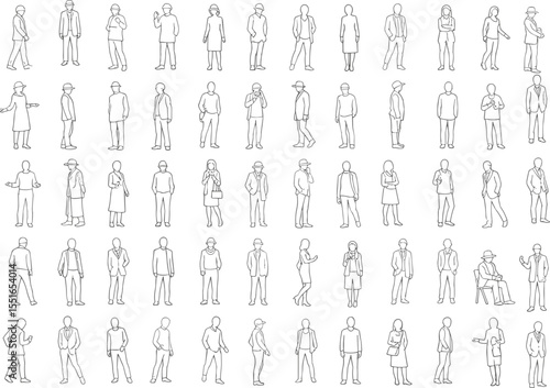 Vector people silhouettes, standing poses collection, hand-drawn outline figures, minimal character sketch, modern human template, business casual posture, isolated art

 flat vector illustration