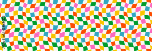 Wavy checker pattern background with green, orange, yellow, pink, blue and wh...