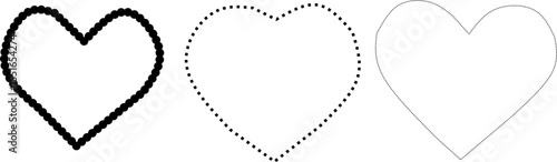 Three heart outlines in a row—one made of solid dots, one dashed, and one thinly lined—representing variations in love, design, or decoration styles.