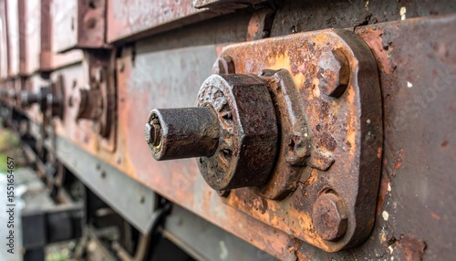 Close-up of rusty metal coupling on a freight train