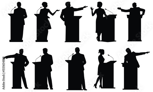 People giving speeches silhouette, People giving a motivational speech silhouette, Silhouette of people giving a speech at a podium with a microphone