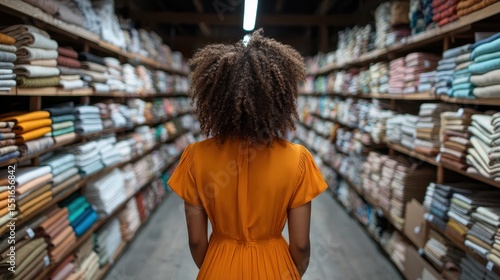 Wallpaper Mural A stylish woman in a vibrant orange dress stands confidently in a fabric store, surrounded by neatly organized shelves filled with colorful textiles and soft textures. Torontodigital.ca