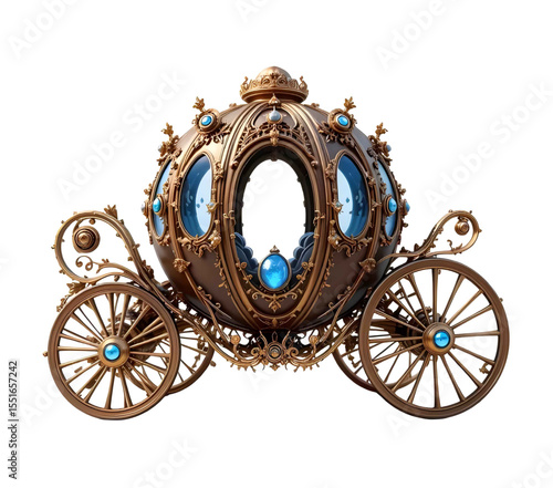 An Ornate Golden Carriage Adorned With Blue Gemstones Sits On Four Intricately Designed Wheels. The Setting Features Bright Daylight, Enhancing Its Magical Appearance..eps