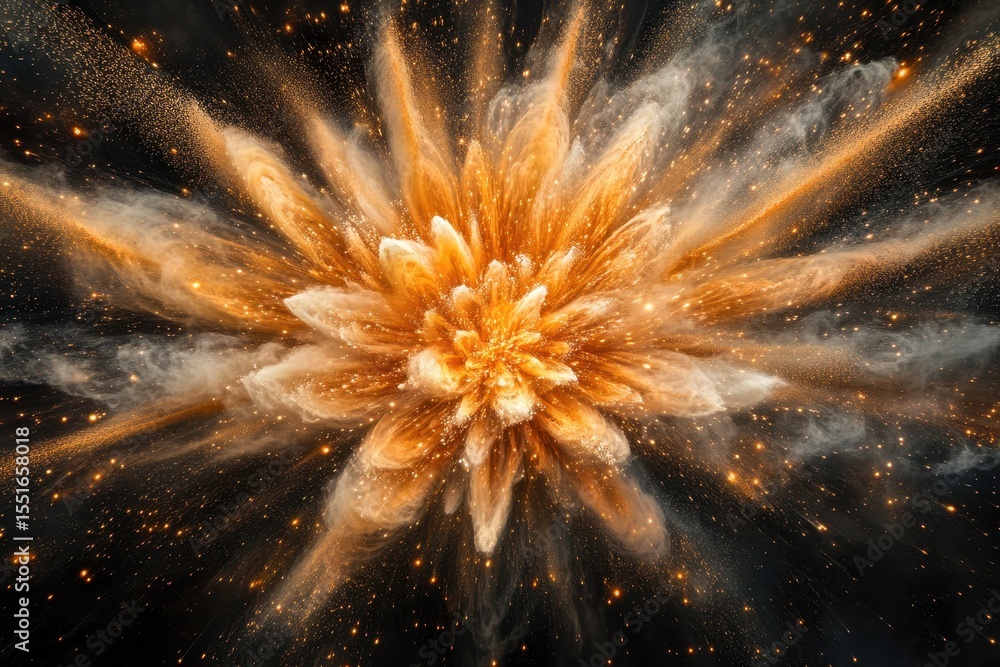 Fototapeta premium Golden dust explodes in a radial pattern against a dark, starry background. Ideal for illustrating energy, fireworks, or a bright, impactful design.