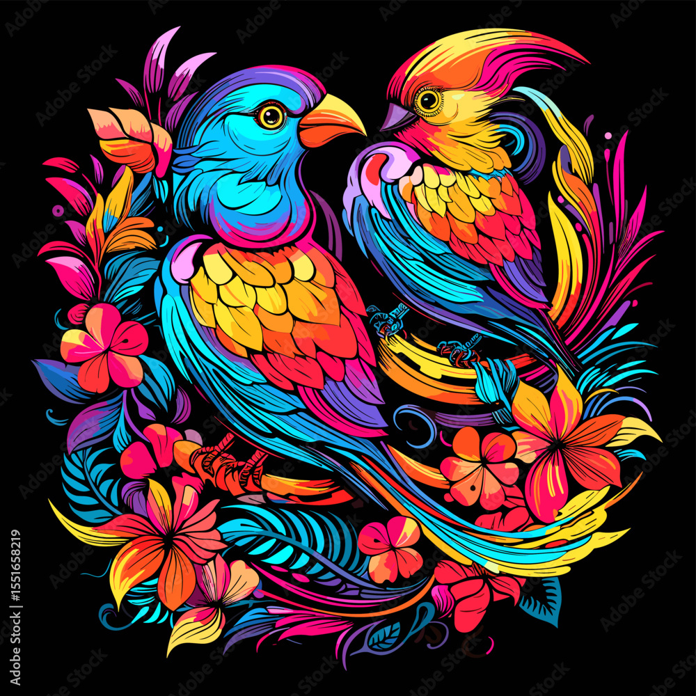 Obraz premium Parrots among flowers in colourful pop art style.