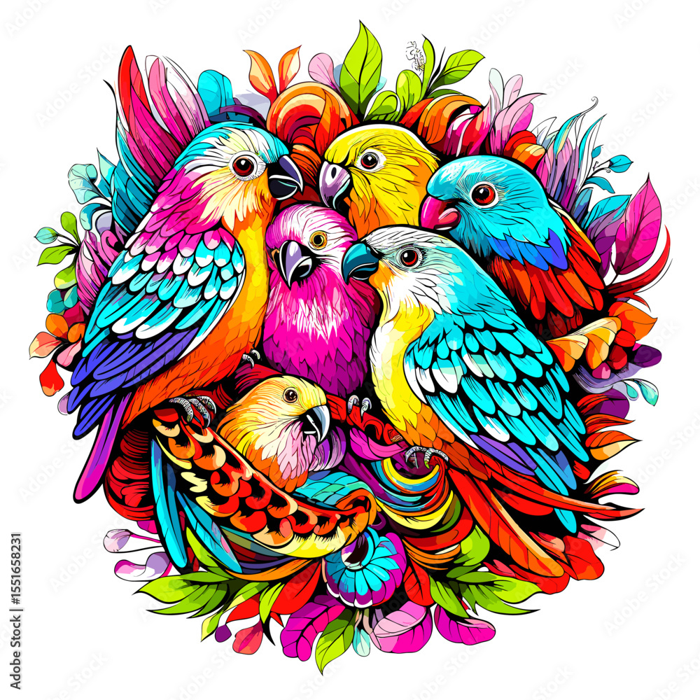Obraz premium Parrots among flowers in colourful pop art style.