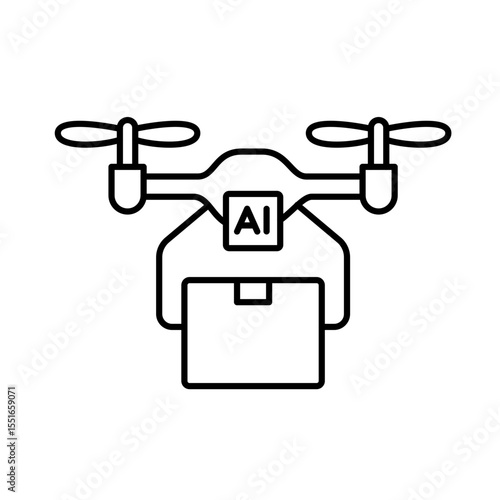 A vector icon of a delivery drone carrying a parcel with an AI chip, representing drone-based delivery powered by artificial intelligence, created in line style with editable stroke