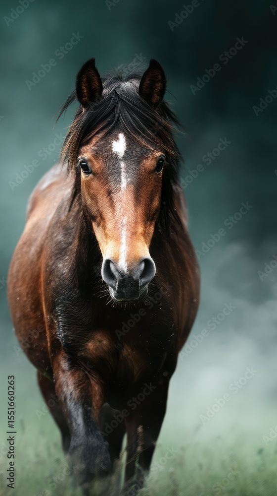 Obraz premium Majestic brown horse running through misty field in early morning light near a tranquil forest