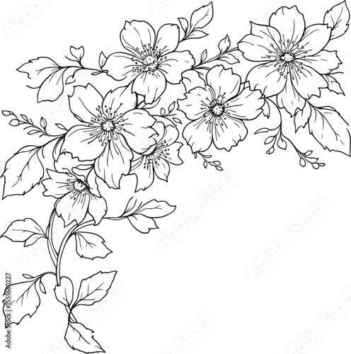 Hand-drawn corner floral arrangement with cherry blossom line art style