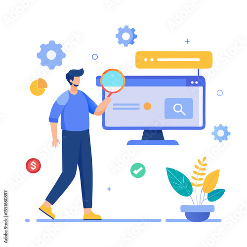 SEO concept Search engine optimization web browser data search technology search engine optimization Person show search bar on virtual screen modern flat design simple vector illustration isolated