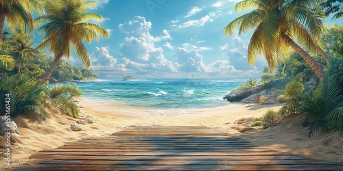 Fototapeta Naklejka Na Ścianę i Meble -  Scenic tropical beach landscape with wooden pathway and palm trees under a bright sky