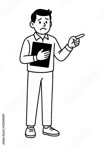 Confused Man Holding Clipboard Pointing Finger