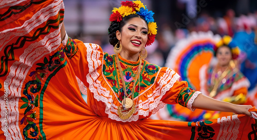 Enchanting Mexican Folk Dancer in Orange with Floral Crown