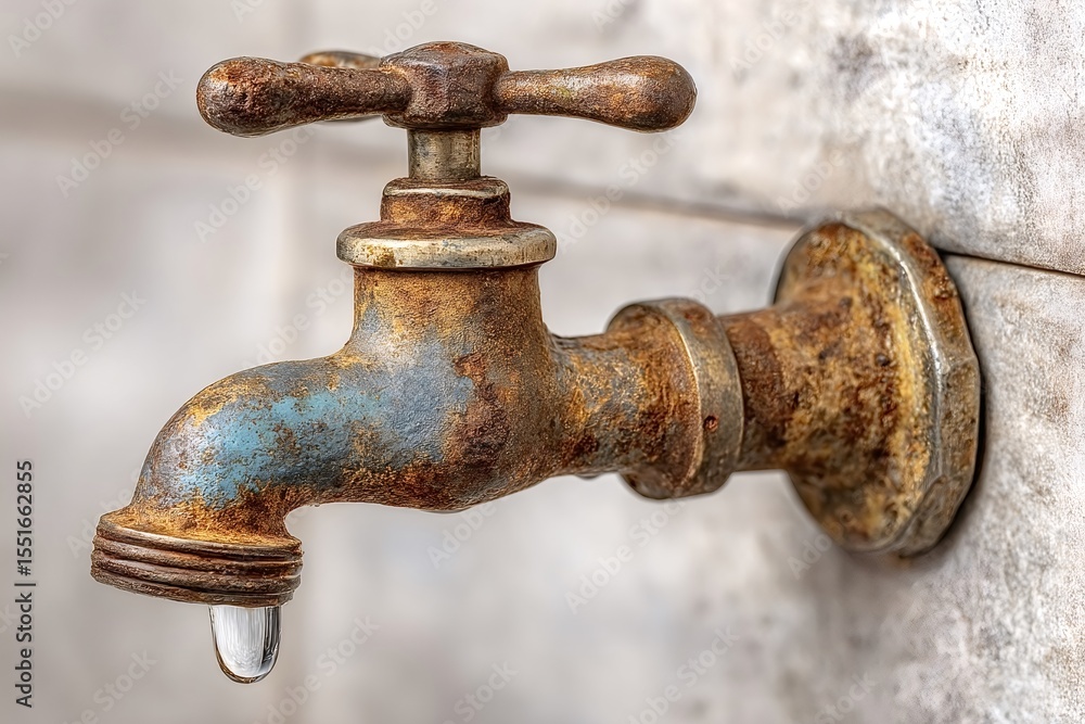 Close up view of an old, rusty faucet dripping water against a marble wall, emphasizing the issue of water waste and the urgent need for repair or replacement in domestic settings Close up view of an old, rusty faucet dripping water against a marble wall, emphasizing the issue of water waste and the urgent need for repair or replacement in domestic settings