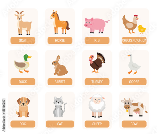 Cute cartoon farm animals. Flashcards farm animals, domestic animals flashcards for kids English. Educational poster, learning activity for preschool, kindergarten, homeschooling. Educational game.