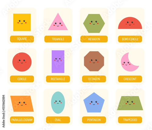 Geometric Shapes flashcards for kids, educational poster, learning materials for children in English. Cute shapes set for kids for homeschooling, preschool. Playroom, classroom decor.