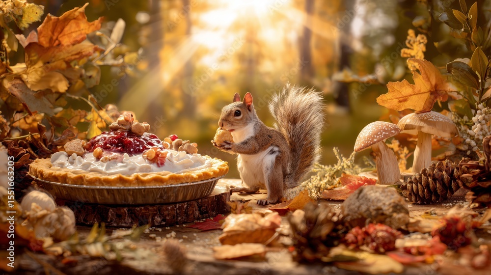 Obraz premium Curious Squirrel with Rustic Berry Pie in Enchanted Forest