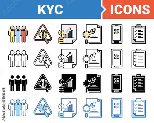 Know your customer icon set with multiple style collection.