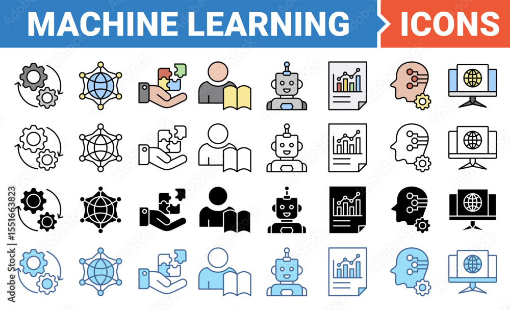 Fototapeta premium Machine learning icon set with multiple style collection.
