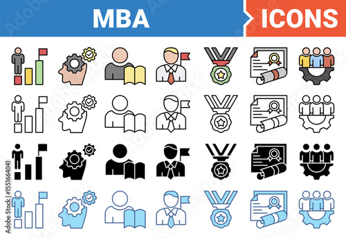 Master of business administration icon set with multiple style collection.