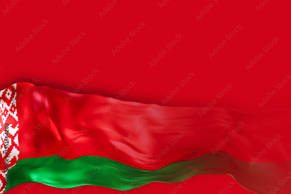 Naklejka premium The Belarus national flag exhibits vibrant colors of red and green, gracefully flowing against a solid background. This design offers ample space for adding custom text and messages