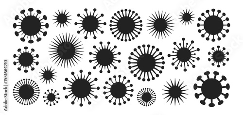 Set of black silhouette virus icons with varied spike and circular designs, vector illustration. Includes abstract representations of viral particles for medical and scientific concepts.