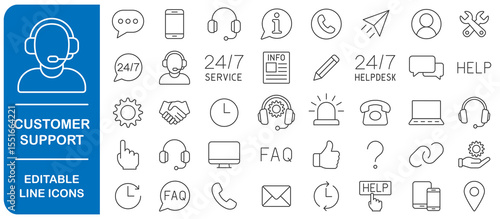 Customer Service and Support Editable stroke line icon set. Outline Icons Collection. Thin Line Set contains Online Help, Helpdesk, Quick Response, Feedback. Vector illustration image. Isolated  