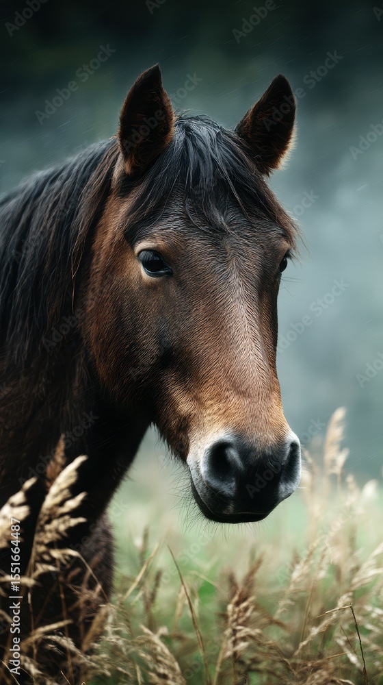 Obraz premium Majestic brown horse standing amidst tall grass in a misty meadow during early morning hours