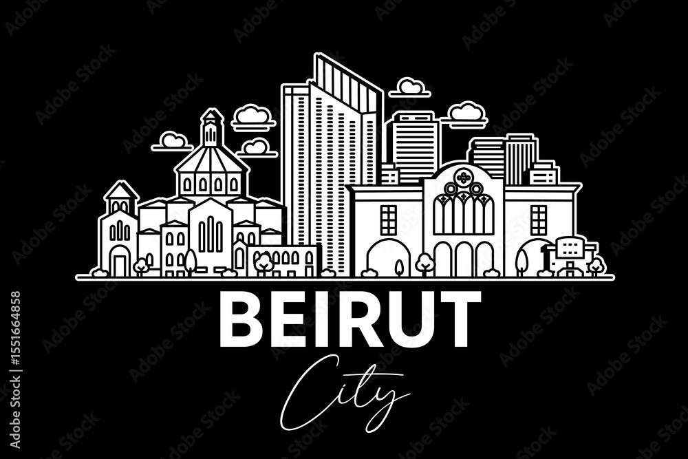Naklejka premium Beirut, Lebanon architecture line skyline illustration with shadows. Linear vector cityscape with famous landmarks, city sights, design icons.