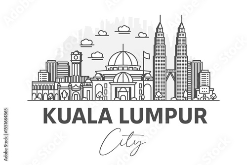 Kuala Lumpur, Malaysia architecture line skyline illustration with shadows. Linear vector cityscape with famous landmarks, city sights, design icons.