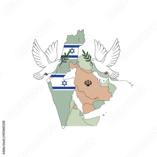 Peace Dove and Middle East Map: Two white doves of peace carrying olive branches fly above a map of the Middle East. It's an illustration, symbolic of hope and reconciliation in the region.